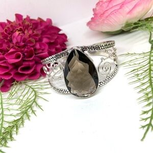 NEW⚜️STERLING SILVER Smoky Quartz Ornate Cuff Bracelet